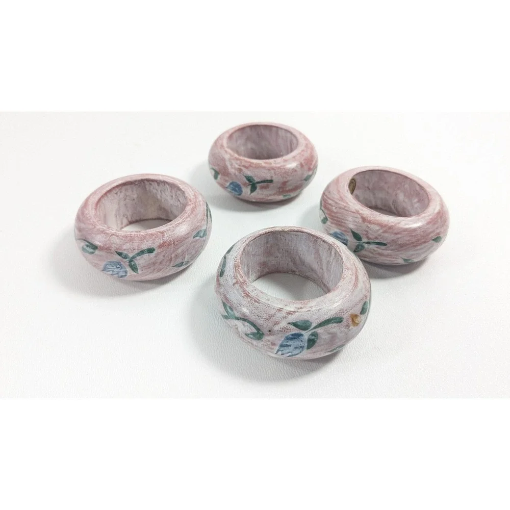 Vintage Hand Painted Wood Napkin Rings Set of 4 Pink Floral Philippines